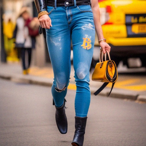 Woman wearing bitcoin patch on jeans